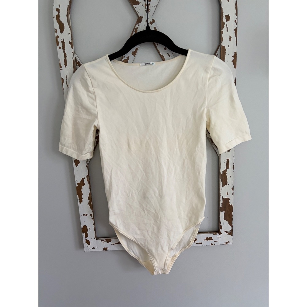 Wolford Cream Off White Stretch Bodysuit Cotton/Nylon Size Small Snap Bottom